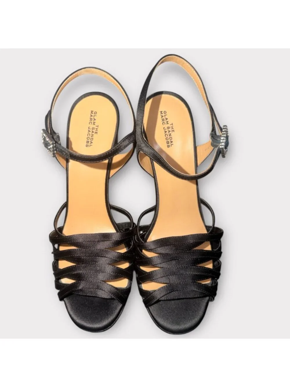Marc Jacobs The Gram Sandal Women 8.5 Black Satin Crystal Formal Heel Platform - Picture 3 of 12
